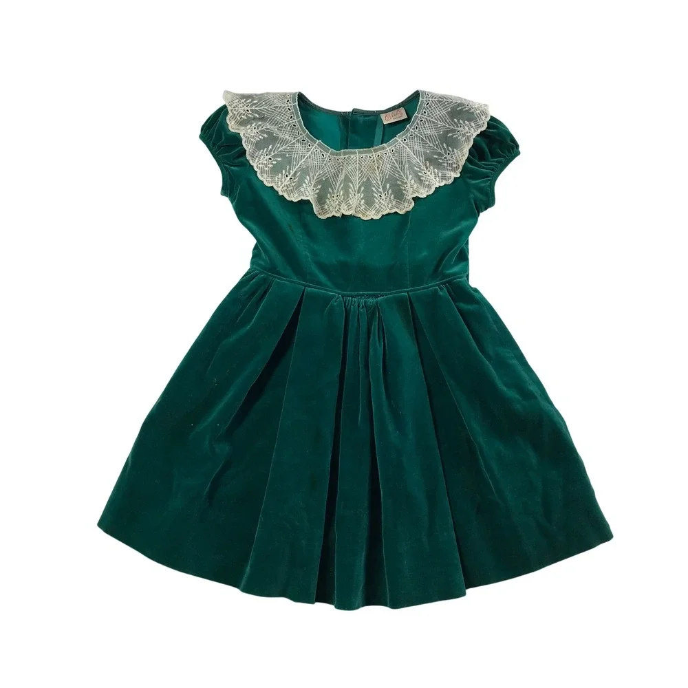 Vintage Celeste New York Girls Emerald Green Velvet Lace Collar Dress Holiday